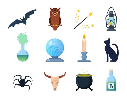 Magical attributes. Wizard magic wand, owl, black cat, candle, bat, crystal ball, potion cauldron. illustration.