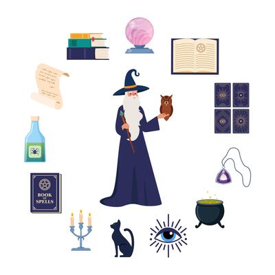 Old wizard man in robe and Magician tools. Wizard magic mystery amulet, spell book, crystal ball, evil eye, tarot cards, potion cauldron. illustration.
