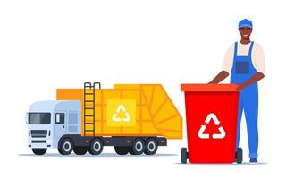 Garbage truck and sanitation worker. Garbage man in uniform with trash bin and recycling symbol on it. Garbage sorting. Zero waste, environment protection concept. African American man worker. . vector