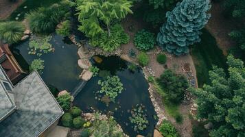 Birds Eye View of Eco-Friendly Garden with Pond and Native Plants for Sustainable Design photo