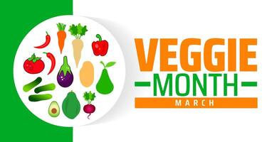 Veggie Month background banner or poster design template. observed every year in March. Holiday concept. Use to any Template, card, poster, placard, template. vector