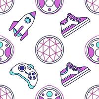 Abstract seamless pattern featuring futuristic symbols and circuit like patterns creating a dynamic high tech grid design Clean vector