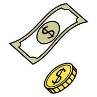 A flying banknote and a gold coin spin in the air isolated on a white background symbolizing currency exchange and financial transactions Clean vector