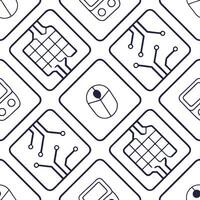 Arrange seamless collage tile sets joining iconic tech silhouettes with subtle circuit lines on white squares perfect for next gen brand imagery Clean vector