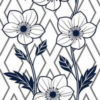 Art deco Anemone seamless pattern with metallic accents and geometric elements on white Clean vector