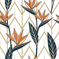Art deco Bird of Paradise seamless pattern with metallic accents and geometric elements on white Clean vector