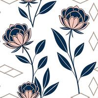 Art deco peony seamless pattern with metallic accents and geometric elements on white Clean vector