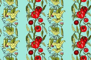 Botanical abstract seamless pattern with cartoon growing tomatoes and peas illustration. Repeating vegetables pattern in light blue color background. Graphic design for Wallpaper Textile Cover vector