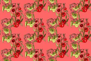 Botanical abstract seamless pattern with cartoon growing tomatoes and peas illustration. Repeating vegetables pattern in pink color background. Graphic design for Wallpaper Textile Cover Fashion vector