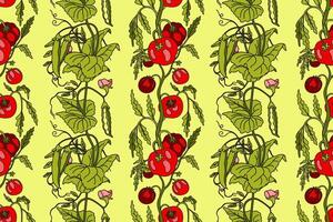 Botanical abstract seamless pattern with cartoon growing tomatoes and peas illustration. Repeating vegetables pattern in yellow color background. Graphic design for Wallpaper Textile Cover Print vector