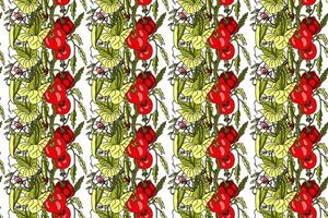 Botanical abstract seamless pattern with cartoon growing tomatoes and peas illustration. Repeating vegetables pattern in white color background. Graphic design for Wallpaper Textile Cover Print vector