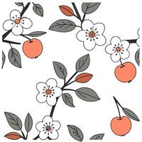 Autumn apple blossom seamless tile pattern with delicate flowers and ripe fruits Clean vector