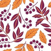 Autumn berries and leaves seamless tile pattern with deep reds purples and warm oranges Clean vector