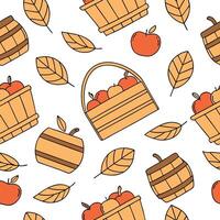 Autumn harvest seamless pattern with cider apples harvest baskets and wooden crates for a traditional farm look Clean vector