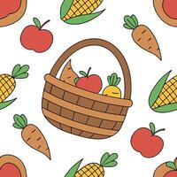 Autumn harvest basket seamless tile pattern with fruits vegetables and fall accents Clean vector