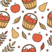 Autumn harvest seamless pattern with ripe apples pears and baskets for a natural farm inspired aesthetic Clean vector
