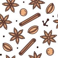 Autumn spices seamless tile pattern with cinnamon sticks nutmeg and cloves in warm tones Clean vector