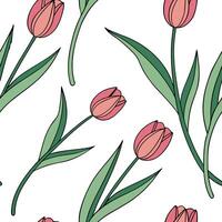 Blossoming tulips seamless tile pattern with fresh green stems and colorful petals symbolizing growth Clean vector