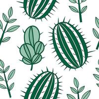 Bohemian cactus seamless tile pattern with vibrant green spines and intricate leaf patterns on white background ideal for eclectic spaces Clean vector