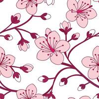 Bohemian cherry blossom seamless tile pattern with vibrant pink blossoms and intricate vine details on white background ideal for eclectic spaces Clean vector