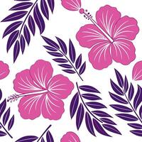 Bohemian hibiscus seamless tile pattern with vibrant pink blooms and intricate leaf details on white background ideal for eclectic spaces Clean vector