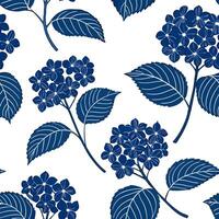 Bohemian hydrangea seamless tile pattern with vibrant blue blooms and intricate leaf details on white background ideal for eclectic spaces Clean vector