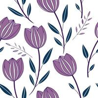 Bohemian tulip seamless tile pattern with vibrant purple blooms and intricate leaf details on white background ideal for eclectic spaces Clean vector