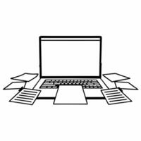 Candid photo of a person paying bills online using a laptop with receipts and documents scattered around Clean vector