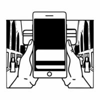 Candid shot of a person making a digital payment using a smartphone with a credit card in hand in a busy street Clean vector