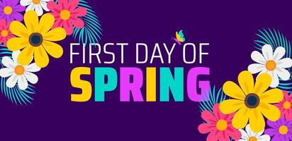 First Day of Spring flower background banner or poster design template. observed every year in March. Holiday concept. vector