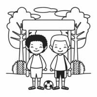 Candid shot of two children from different backgrounds playing soccer in a park Clean vector