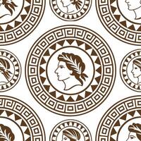 Combine Greek ancient pottery designs with modern tile patterns using earth tones and mythological figures Clean vector
