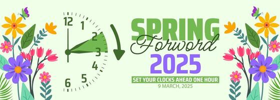 Spring Forward Daylight Saving Time Starts background with flower and clock design. vector
