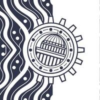 Compose seamless AI fractal designs fusing digital wave patterns with microchip geometry on white perfect for marketing or packaging Clean vector