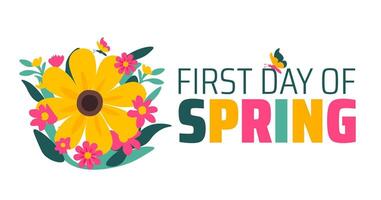 First Day of Spring flower background banner or poster design template. observed every year in March. Holiday concept. Use to any Template, card, poster, placard, template. vector
