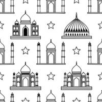 Craft seamless tile patterns based on cultural buildings using detailed architectural icons geometric shapes and white space separation for balance Clean vector