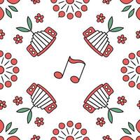 Create seamless patterns representing local traditions such as folk dances and music with traditional motifs and clean white isolation Clean vector