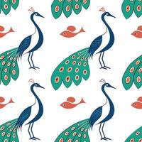 Create seamless tile patterns featuring Asian fauna such as peacocks koi fish and cranes with vibrant colors and elegant details Clean Set 3 vector