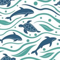 Design a seamless tile pattern featuring Oceanic fauna such as sea turtles dolphins and whales with flowing organic lines and aquatic colors Clean vector