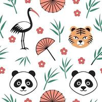 Design a seamless tile pattern using Asian fauna such as pandas tigers and cranes with delicate details and traditional patterns Clean vector