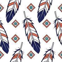 Design a seamless tile pattern using Native American decorations featuring feathers geometric designs and vibrant color accents Clean vector