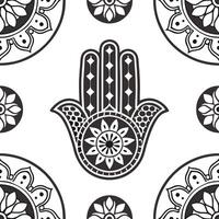 Design dynamic tribal art series integrate hamsa mandala fusion produce tile layout with cultural flair Clean vector