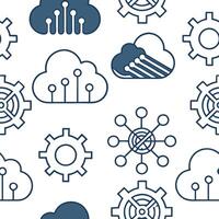 Design seamless tile patterns based on modern tech motifs such as cloud computing circuits and artificial intelligence with isolated white for digital use Clean vector