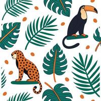 Design seamless tile pattern using tropical fauna from Central America such as toucans jaguars and monkeys with bold colors and intricate details Clean vector