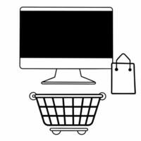 Desktop computer with floating holographic icons and copy space Clean vector