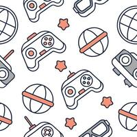 Develop a seamless tile pattern featuring virtual reality elements such as immersive worlds VR goggles and digital landscapes for a tech centric look Clean vector