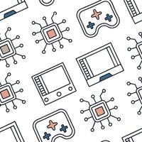 Develop seamless tile patterns using cyberpunk elements such as glowing circuits holographic visuals and digital screens with white space separation Clean vector