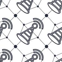 Digital network seamless pattern with stylized connectivity icons and radiant fiber links arranged in structured tile format isolated white balance advanced digital art Clean vector