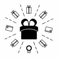 Flat Abstract glowing gift box with digital shopping elements Clean vector