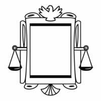 Flat Border frame with a glowing dove and scales of justice symbolizing peace and equality with copy space Clean vector